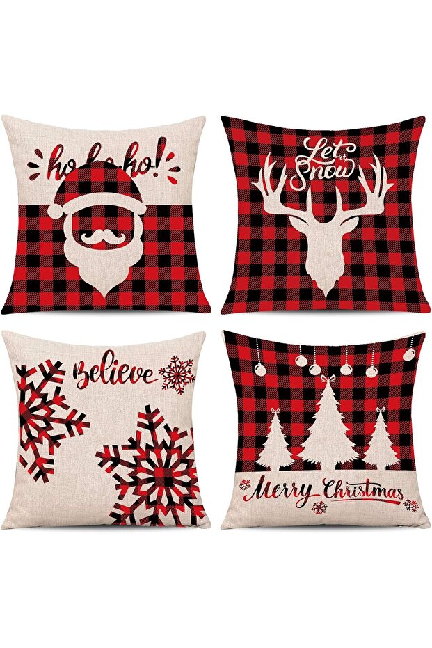 4-Piece Christmas Pillow Covers, Red/Black Buffalo Plaid, 18 x 18 in