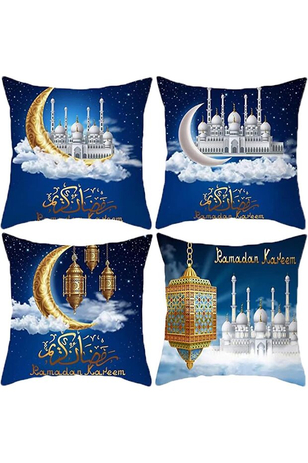 Ramadan Throw Pillow Covers 45x45cm Set of 4 - Moon Stars Lantern Pattern