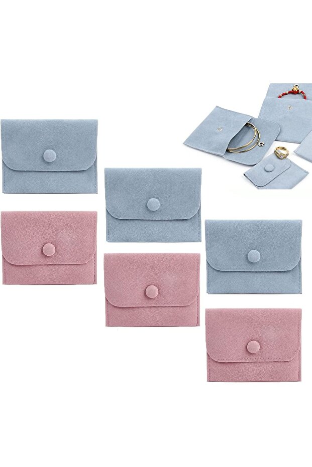 Velvet Jewelry Storage Pouch with Snap Button - 6 Pcs (Pink+Blue)