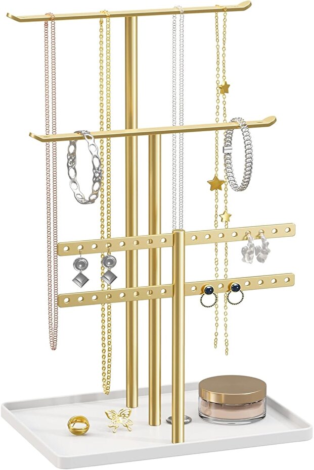 Jewelry Holder Organizer, 3-Tier Necklace & Earring Display with White Tray - Gold