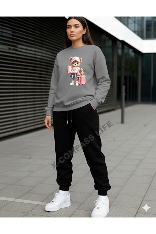 Women/Girls Loose Fitting Zero-Necklace Sweatshirt Set with Bag Bear Printed