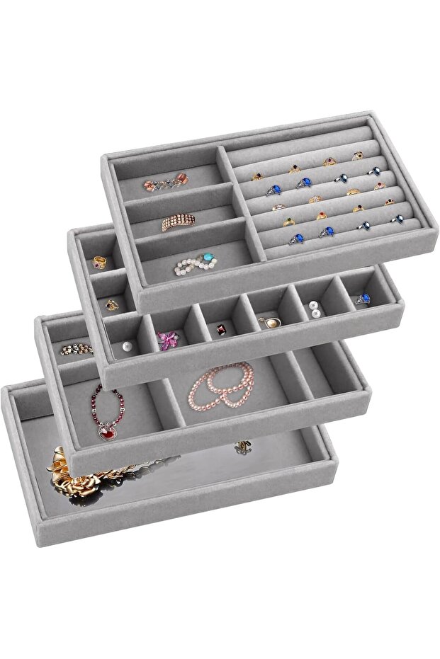 4 Pcs Stackable Velvet Jewelry Tray Organizer Drawer Inserts (Grey)