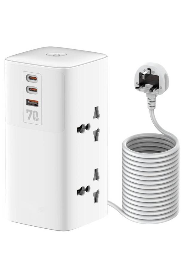 70W GaN 7-in-1 Tower Power Strip - 4 Universal AC Outlets, 2x USB-C PD + 1x USB-A, 2m