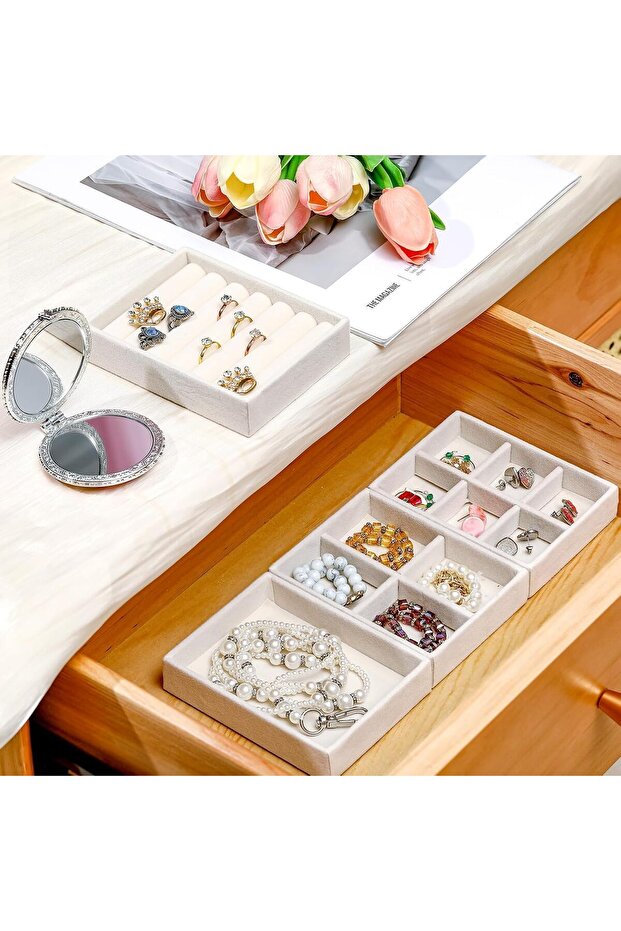12 Pcs Velvet Jewelry Organizer Trays for Drawer, Mini Stackable Jewelry Storage (Beige)