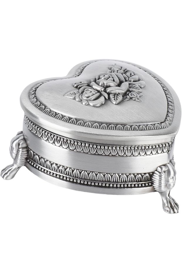 Heart Shape Vintage Metal Jewelry Box, Antique Flower Carved, Silver