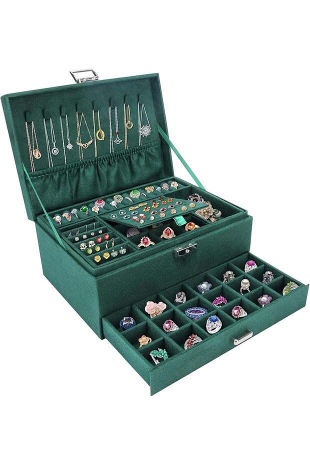 3-Layer Jewellery Box Organizer with Lock - Velvet, 80 Compartments, Multicolor