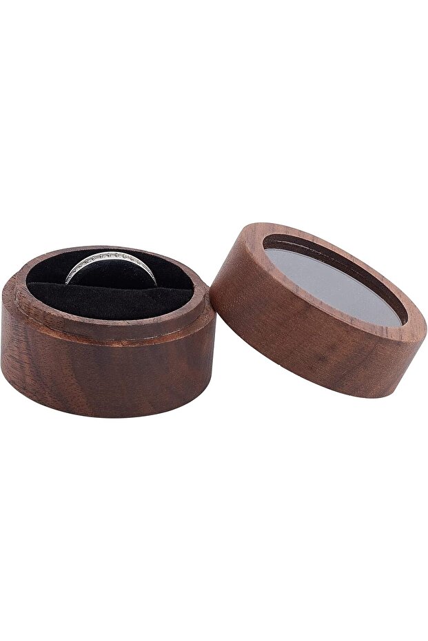 Walnut Wooden Round Ring Box with Clear Window and Black Velvet (2 x 1.4 in)