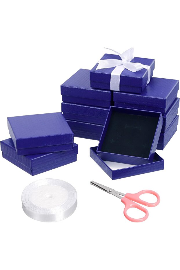 12pcs Dark Blue 9 x 9 x 3 cm Jewelry Gift Boxes with Pink Scissors and White Ribbon
