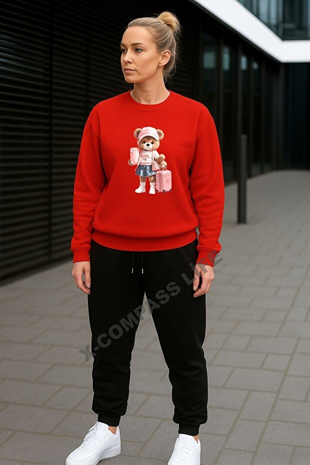Women/Girls Loose Fitting Zero-Necklace Sweatshirt Set with Bag Bear Printed
