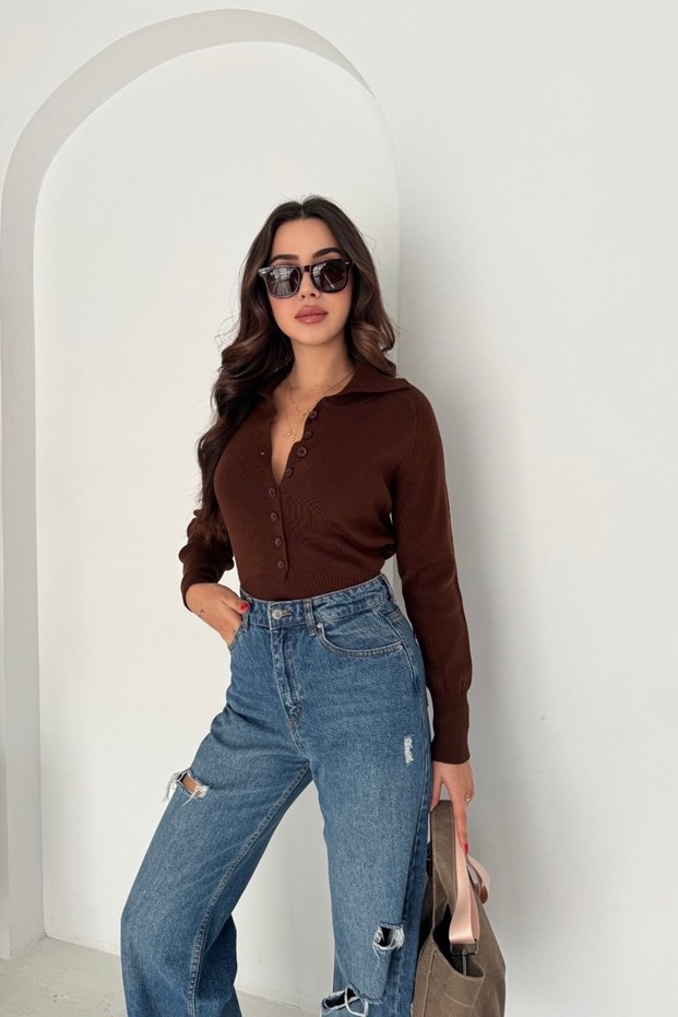 Basic Bluzan Cut Button Detailed Polo Neck Knitwear Sweater Aw25Kz0119
