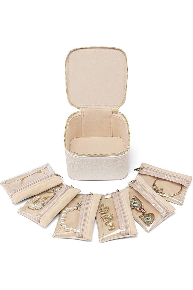Travel Jewelry Case - Small Jewelry Box Organizer with 6 Velvet Zipper Pockets (White)