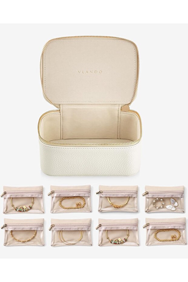 PU Leather Travel Jewelry Storage Bag with 8 Velvet Pouches - Medium White