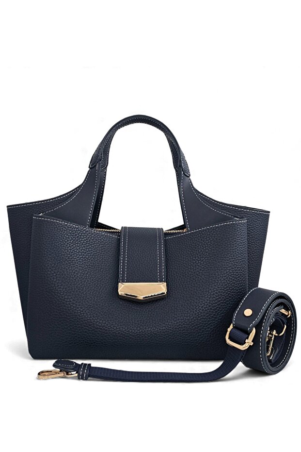 Navy Blue Lock Detailed Soft Textured Multi-Compartment Women's Hand and Crossbody Shoulder Bag