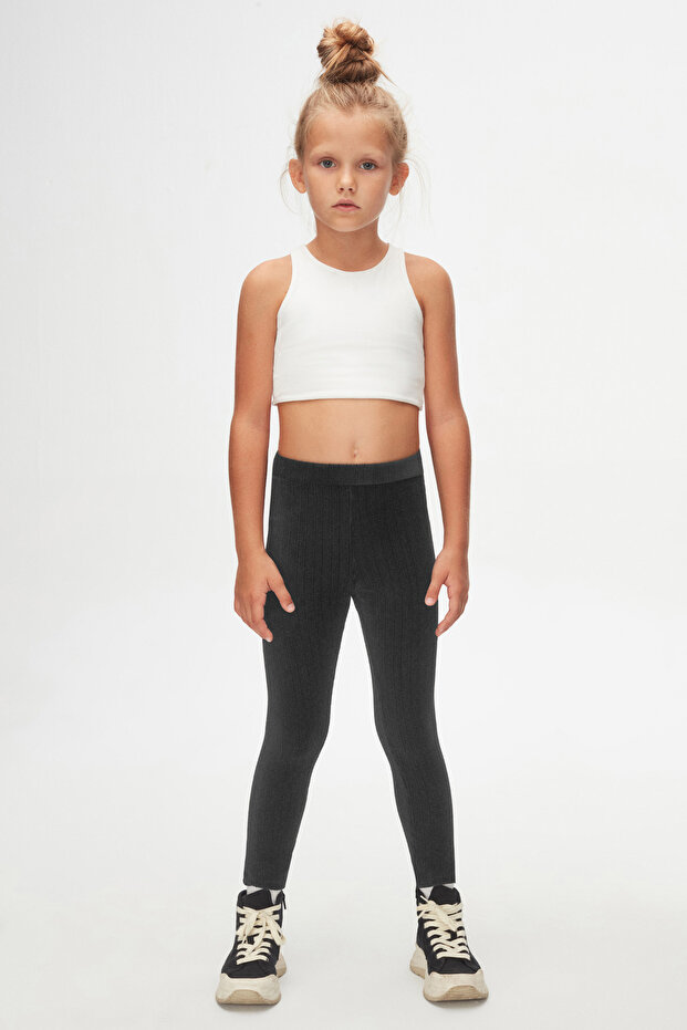 Anthracite Girl's Corded Fabric Velvet Tights