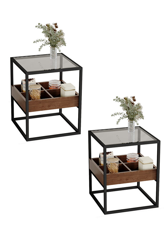 2PCS 2 Tier Nightstand Coffee Table With Tempered Glass Tabletop Multifunctional Storage Table