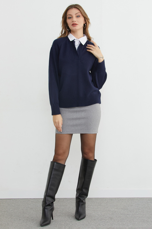 Basic Gömlek Yaka Triko Kazak - 6