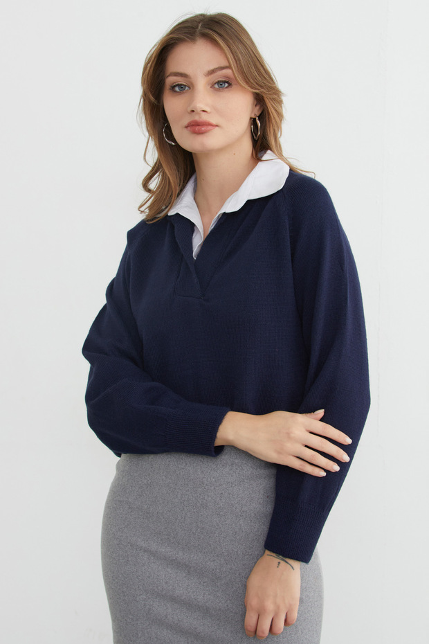 Basic Gömlek Yaka Triko Kazak - 4