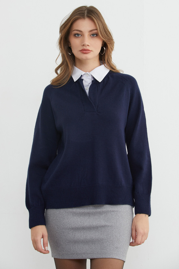 Basic Gömlek Yaka Triko Kazak - 5