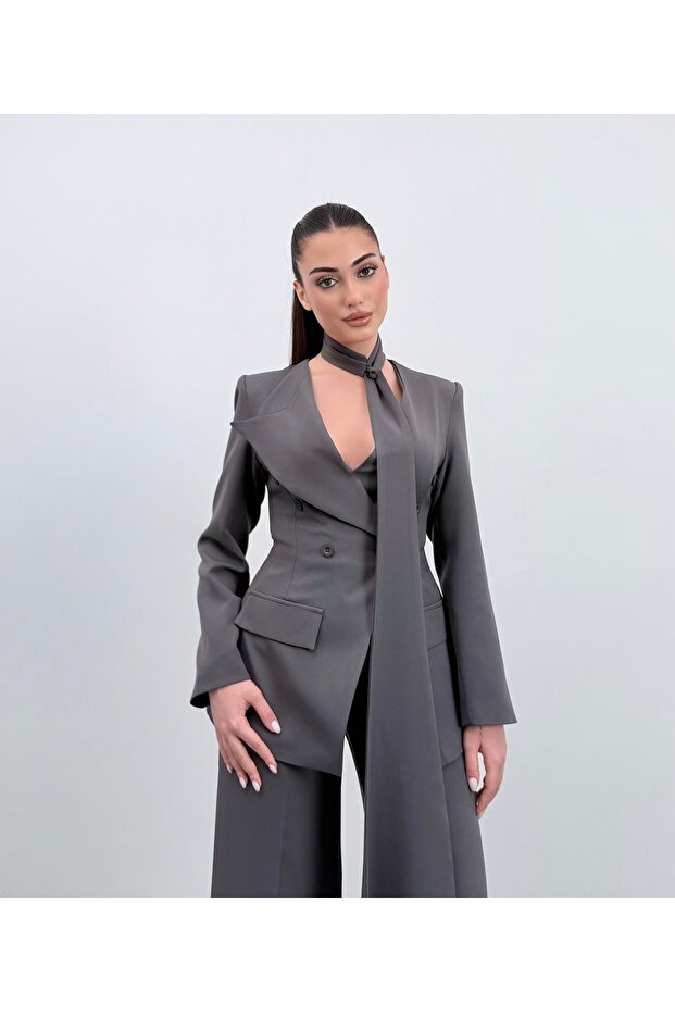 Halter Neck Premium Anthracite Double-Breasted Jacket Set - 4