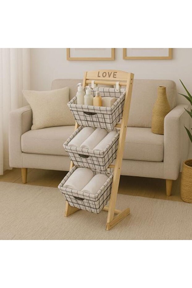 ستاند خشب سلال حديد JARDO JARDO Wooden Storage Stand with 3 Iron Baskets