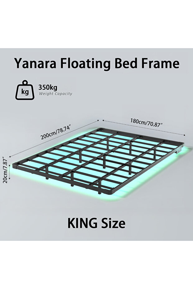 Smart Floating Bed with LED Lights & Charging Station, Metal Platform (180x200cm), No Box Spring