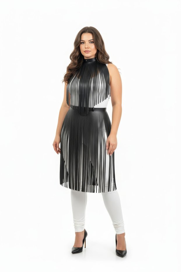 Women's Leather Look Tassel Skirt with Neck Connection and Buckle Black Plus Size