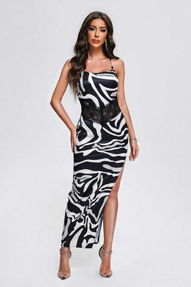 Micro Fabric Waterway Lace Detailed Slit Long Dress