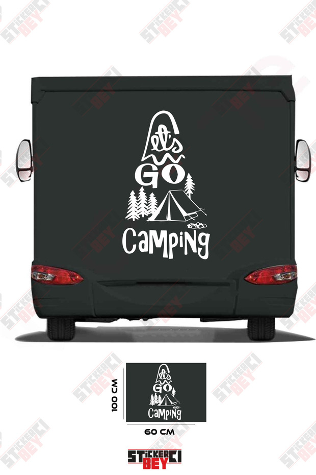 Caravan Sticker Covering with the Text'Go Camping' and an Image of a Tent and a Tree