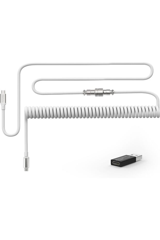 Coiled USB C Cable for Mechanical Keyboard, 4.92ft - White
