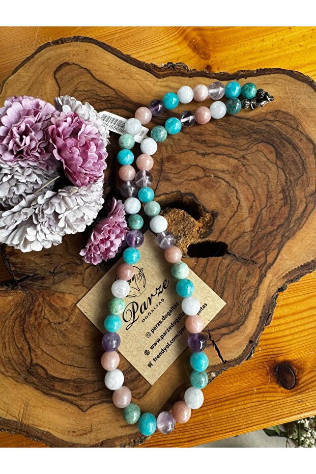 Morganite, Moonstone, Amazonite, Amethyst Natural Stone Necklace