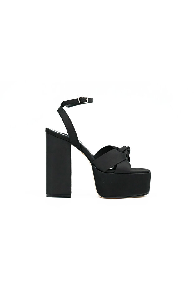 Platform High Heeled Black Satin Women's Shoes - Plt8189