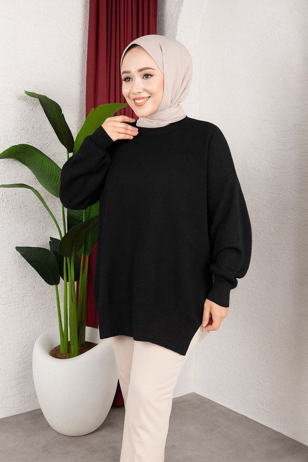 Women's Testtür Clothing Crew Neck Slit Detail Stone and Balloon Sleeve Oversized Stylish Knitwear Tunic