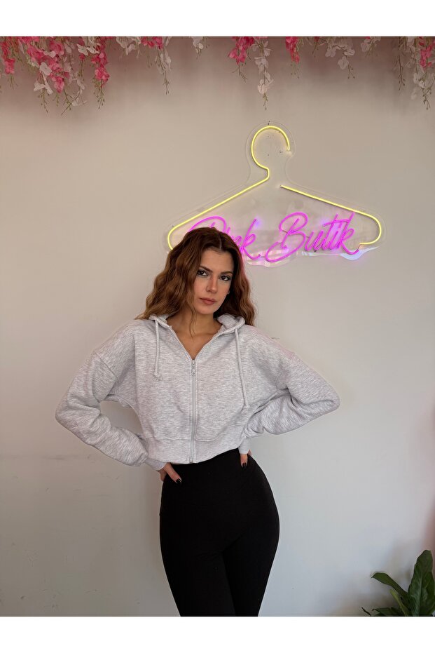 Kapüşonlu Crop Hırka - 1