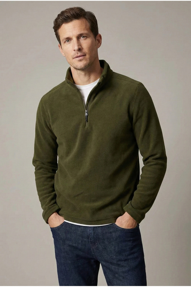Men's Khaki Half Zipper Mock Neck Fleece Sweatshirt