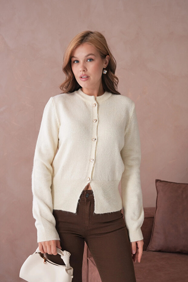 Women's Crew Neck Button Detailed Knitwear Cardigan