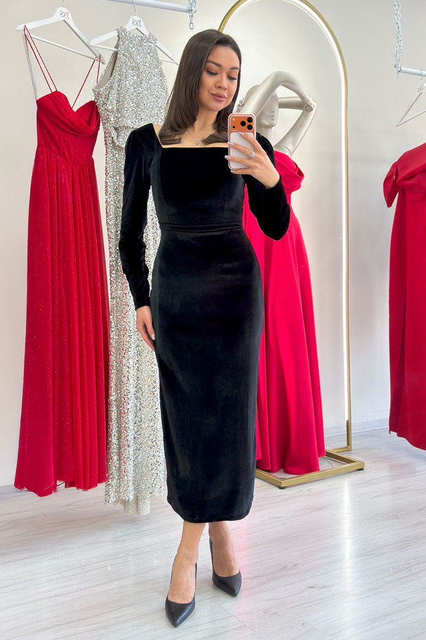 Women's Square Neck Velvet Midi Dress Burgundy, Green, Cobalt , Petrol Blue, Black