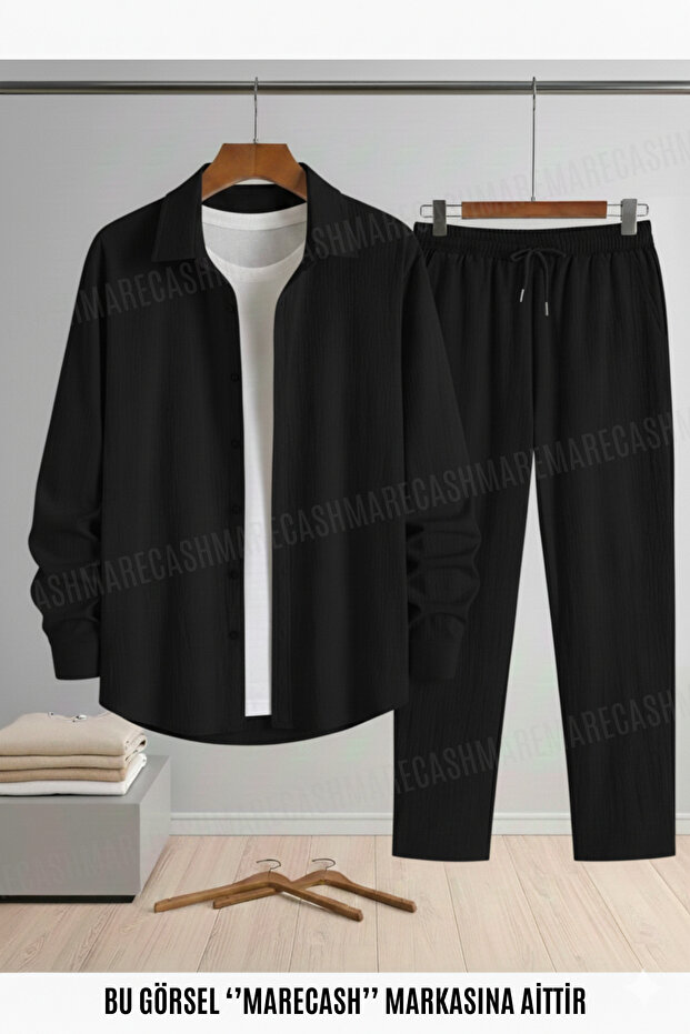 Black Stretch Fabric Crepe Men's/Unisex Long Sleeve Shirt Bottom Top Set
