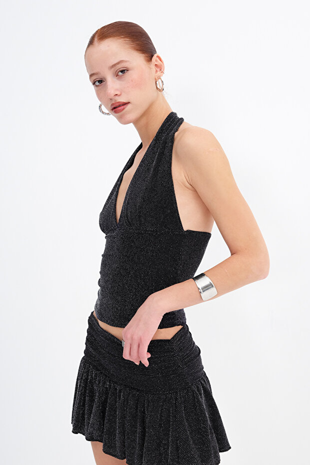 بلوزة بياقة هالتر مع خيوط لامعة A12507 - 4