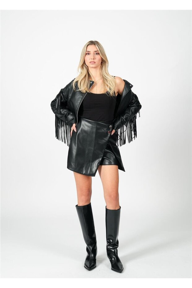 Siyah Deri Şort Etek - 1