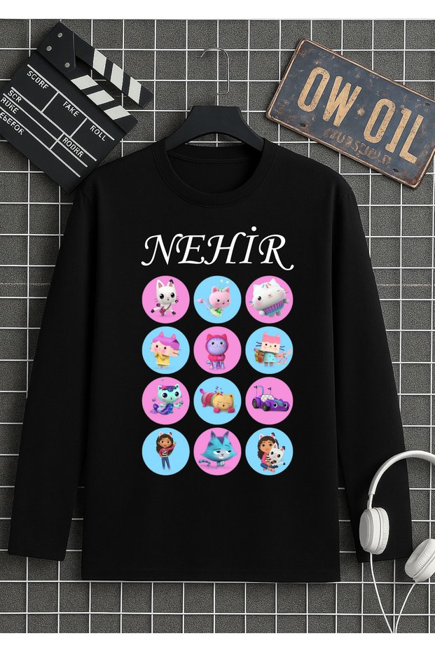 Gabby's Dollhouse Printed Black Long Sleeve Children's T-Shirt 100% Cotton Fabric Organic
