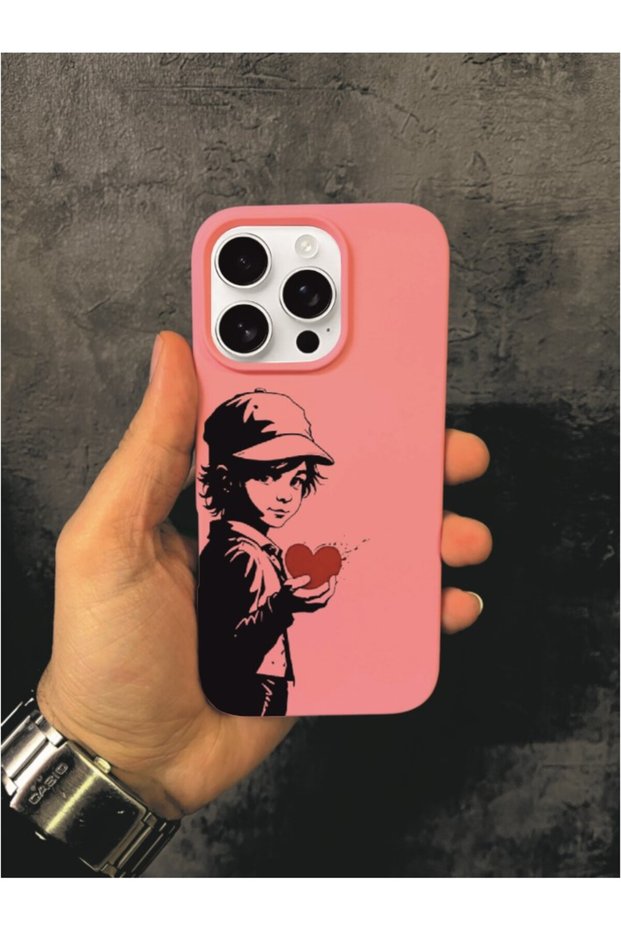 iPhone 16 Pro Compatible Pink Case with Heart in Hand and Child Design
