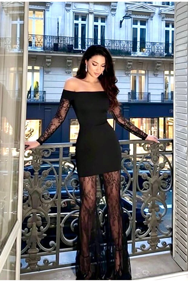 Kayık yaka dantel elbise - 1