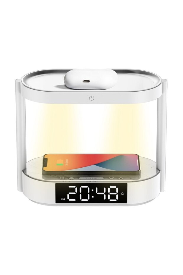 Bedside Lamp with Wireless Charger and Digital Clock - White