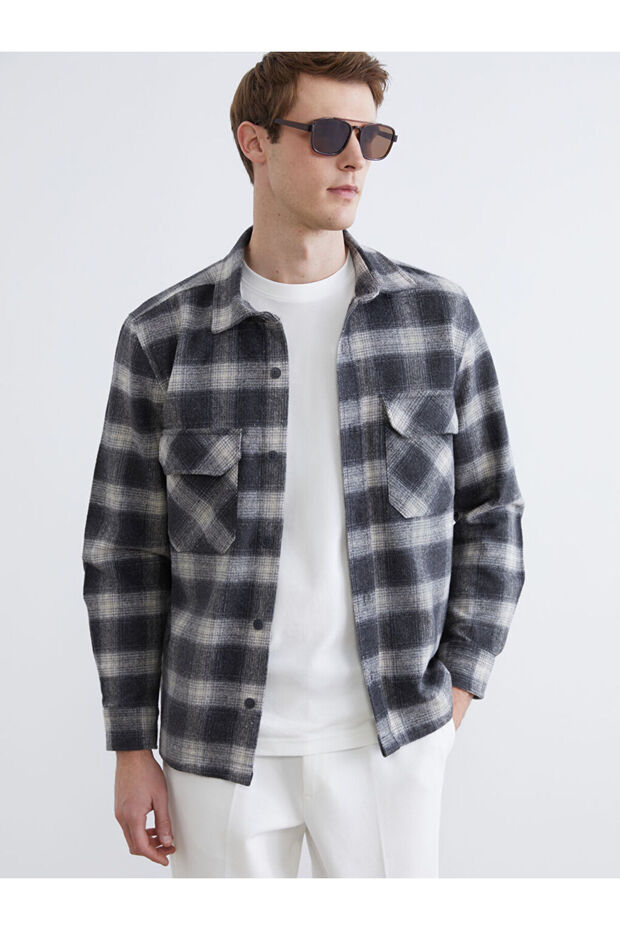 Esvab • Modern & Distinctive Standard Fit Checked Embroidered Wool Blend Men's Lumberjack Shirt