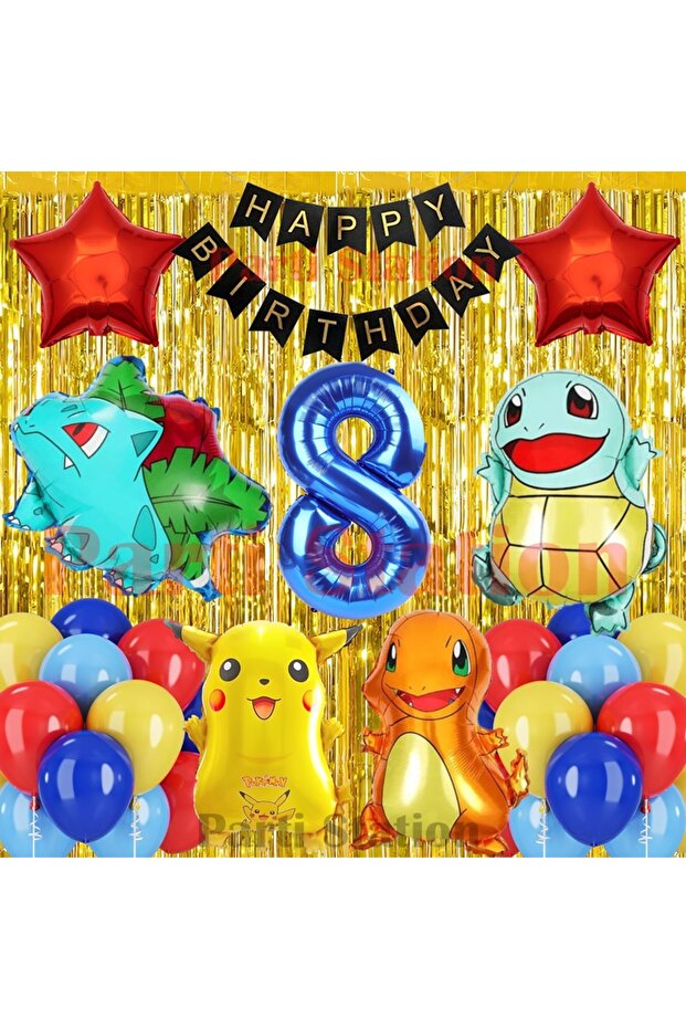 Pokemon Concept 8Th Birthday Curtain Balloon Set Pokemon Pikachu Bulbasaur Charmander Squirtle