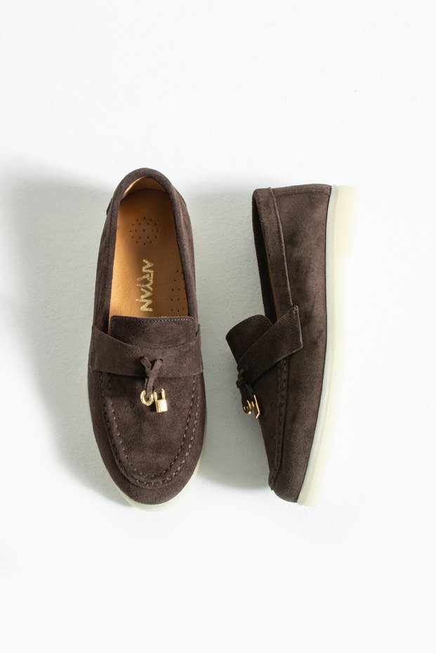 Women's Genuine Leather Suede Classic Non-Slip Sole Detail Gold Accessory Buckle Loafer Ballet Flats