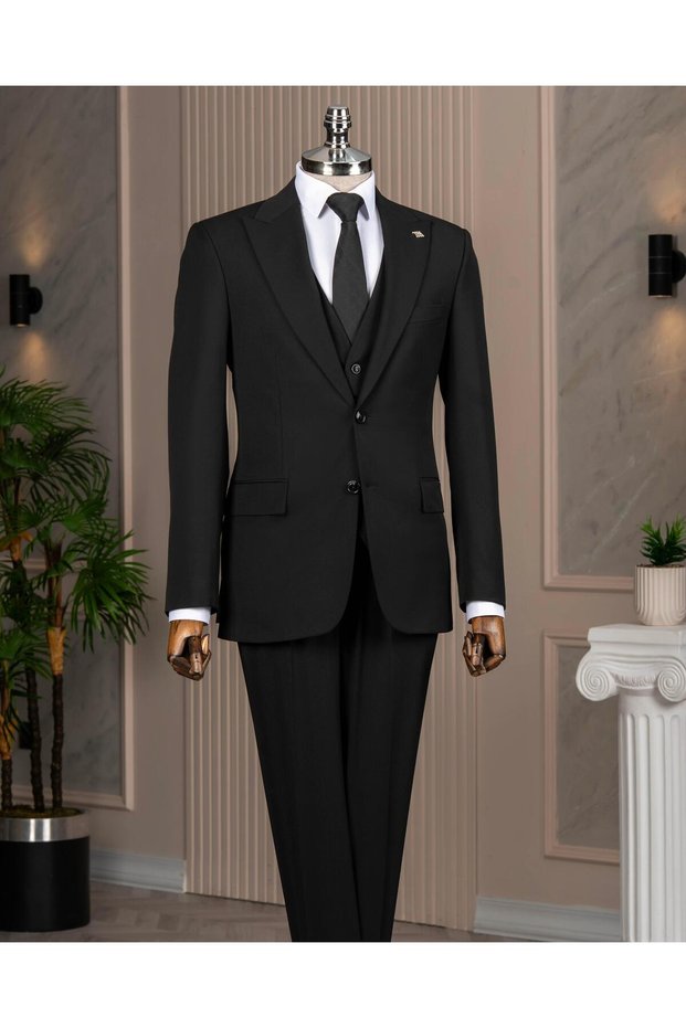 Italian Style S Slim Fit Peaked Lapel Jacket Vest Pants Suit Black T14861