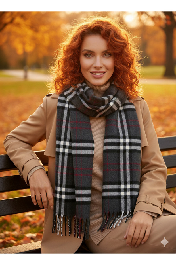Striped Plaid Shoulder Shawl on Gray Domestic Production