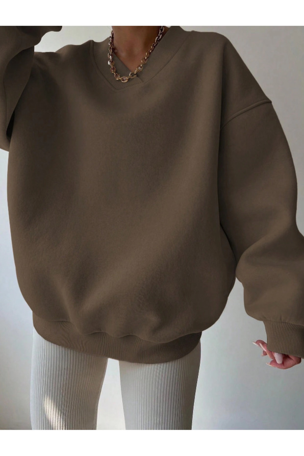Oversize V Yaka Kadın Sweatshirt - 6