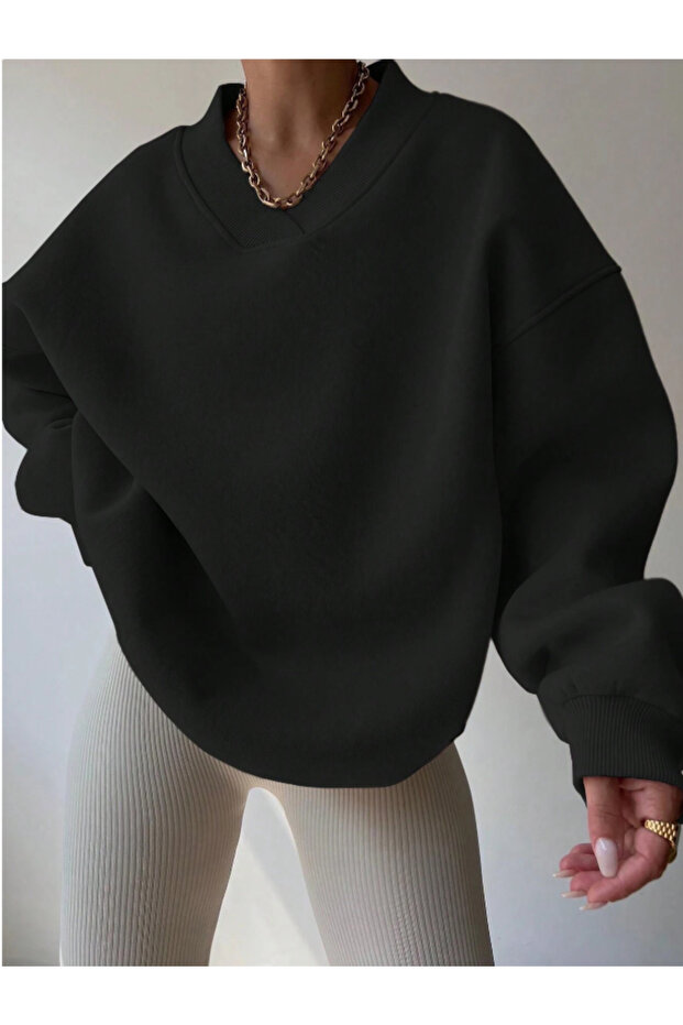 Oversize V Yaka Kadın Sweatshirt - 1
